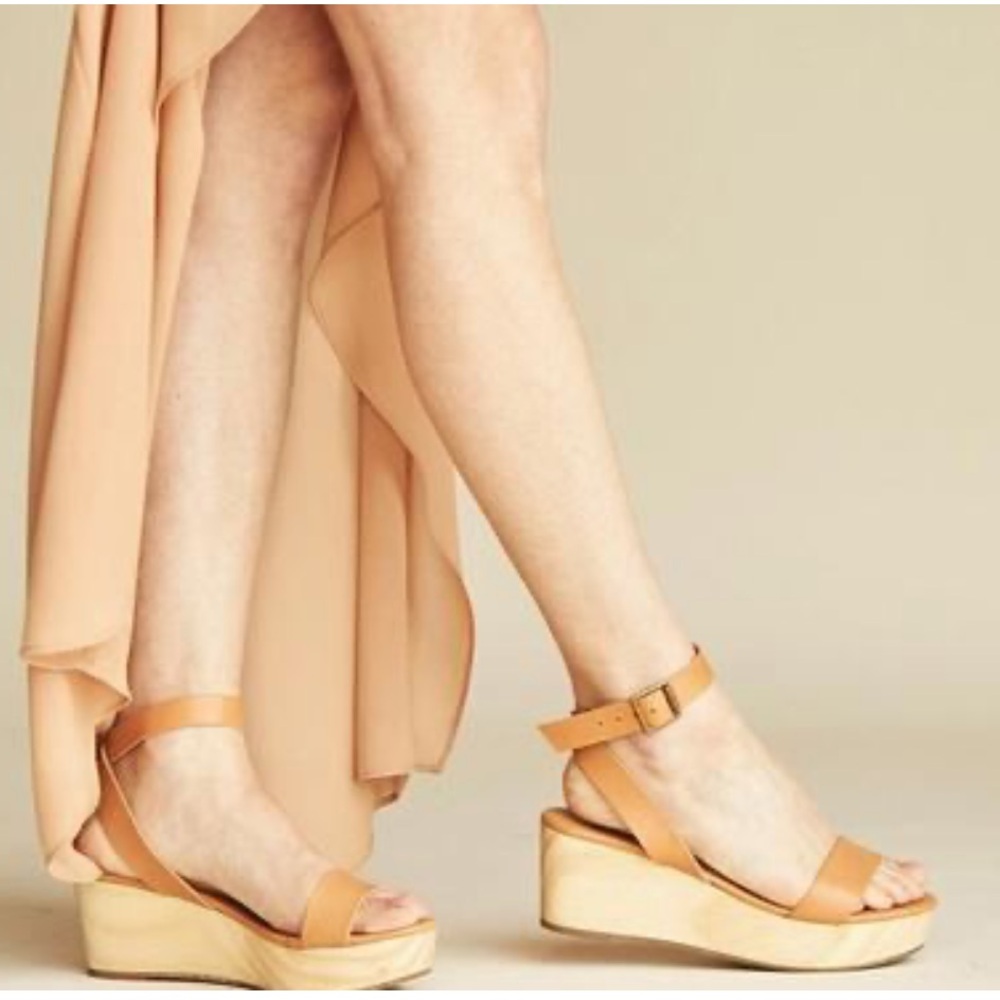 Nisolo Tan Leather Platform Wedge Sandals with Ankle Buckle